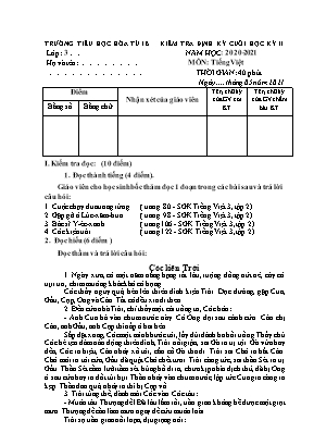 Bài kiểm tra Cuối học kì II môn Tiếng Việt Lớp 3 - Năm học 2020-2021 - Trường Tiểu học Hòa Tú B
